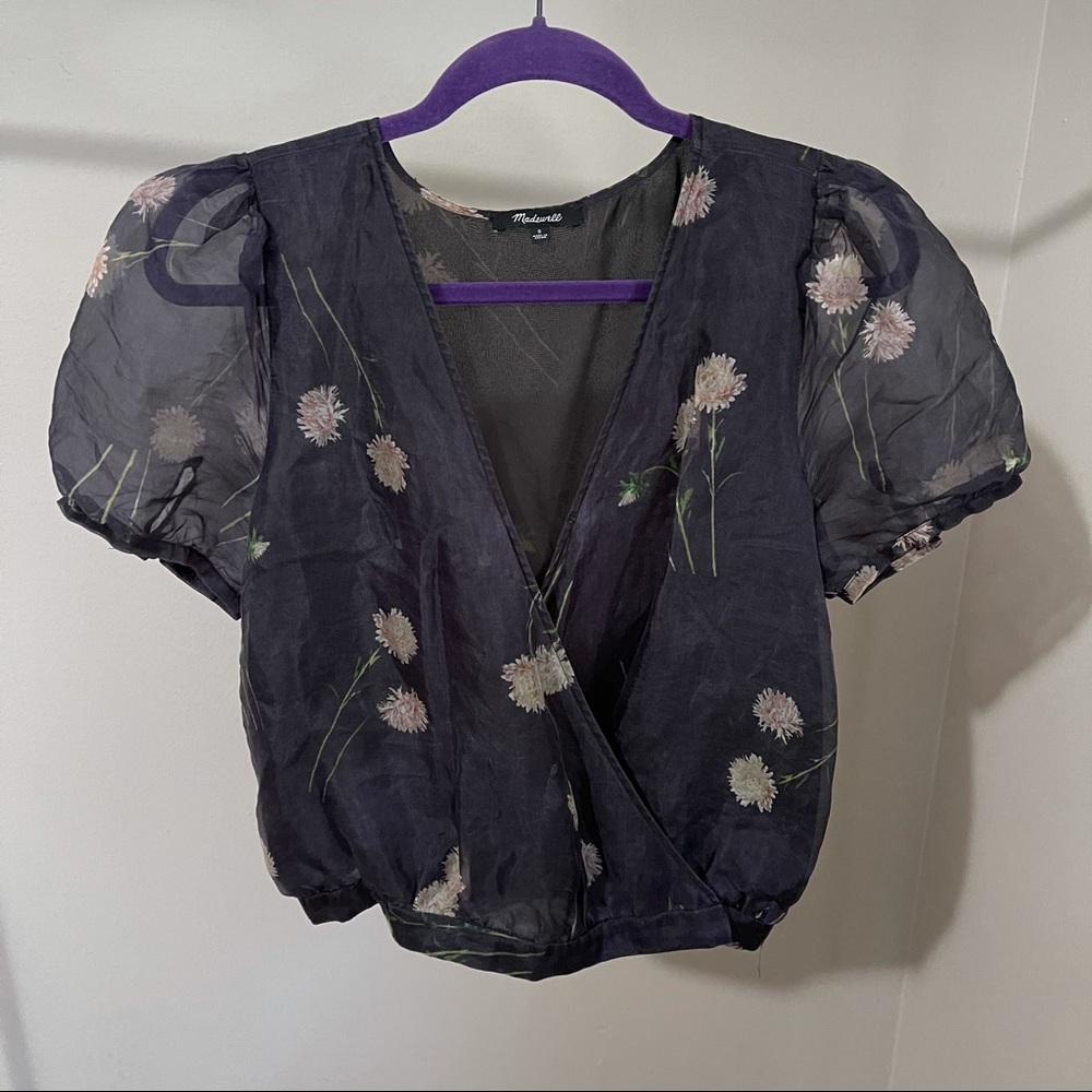 Madewell Black Sheer Floral Puff-Sleeve Blouse